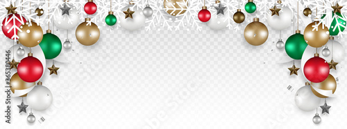 Christmas decoration border with White snowflake, Christmas ball, Stars, and Ribbon hanging on transparent background. Xmas ornament. Ball bauble. Vector illustration.
