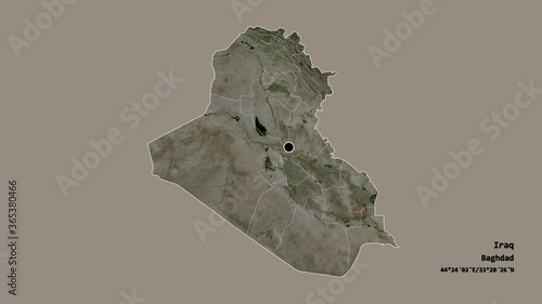 Maysan, province of Iraq, with its capital, localized, outlined and zoomed with informative overlays on a satellite map in the Stereographic projection. Animation 3D photo