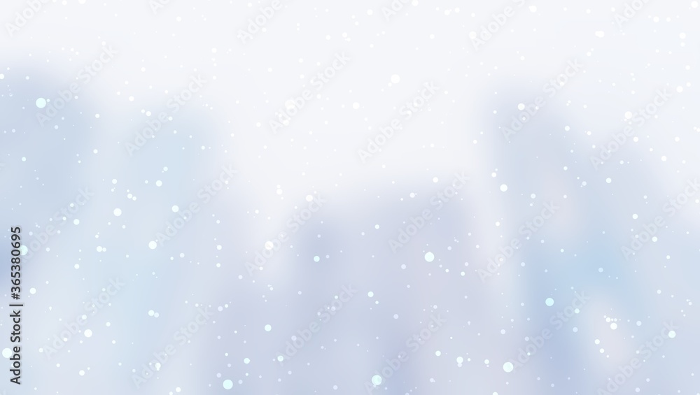 Snowy weather in big city blurred background. Light skyscrapers abstract winter banner. Pastel blue color.