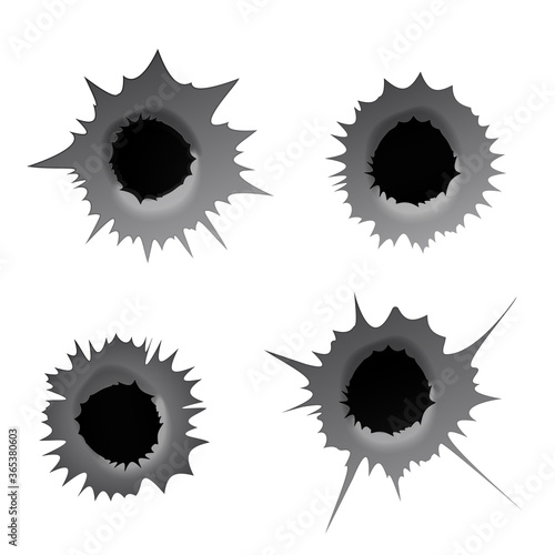 Bullet hole on white background. Realisic metal bullet hole  damage effect. Vector illustration.