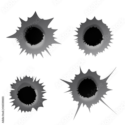 Bullet hole on white background. Realisic metal bullet hole, damage effect. Vector illustration.