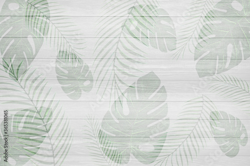 The leaf pattern on a white plank floor can be used as a background.