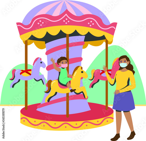 Young girl playing on merry go round during new normal with her mom