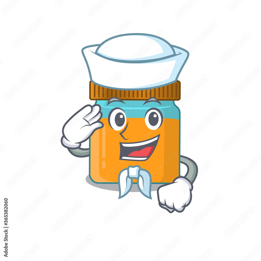 Smiley sailor cartoon character of honey jar wearing white hat and tie Smiley sailor cartoon character of honey jar wearing white hat and tie