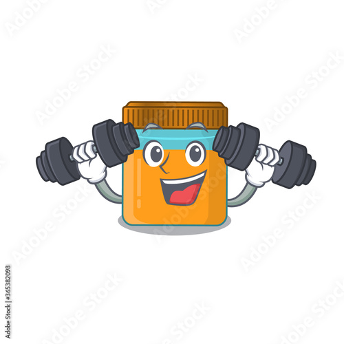 Honey jar mascot design feels happy lift up barbells during exercise