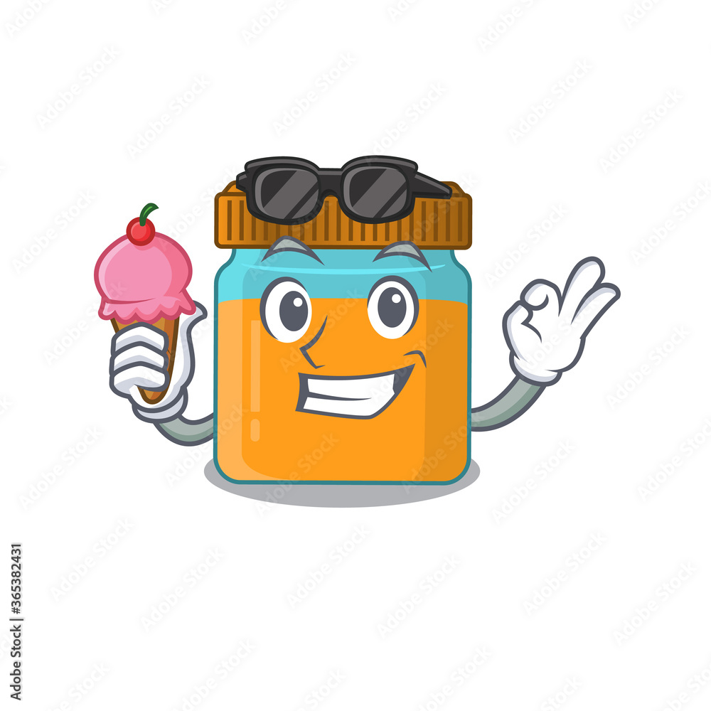 A cartoon drawing of honey jar holding cone ice cream