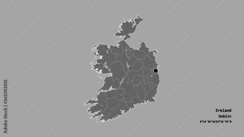 Kerry, county of Ireland, with its capital, localized, outlined and zoomed with informative overlays on a bilevel map in the Stereographic projection. Animation 3D Kerry, county of Ireland, with its capital, localized, outlined and zoomed with informative overlays on a bilevel map in the Stereographic projection. Animation 3D