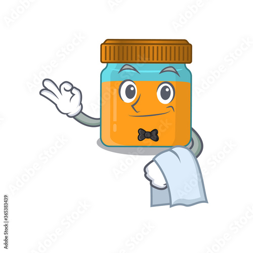A cartoon picture of honey jar waiter with a white napkin