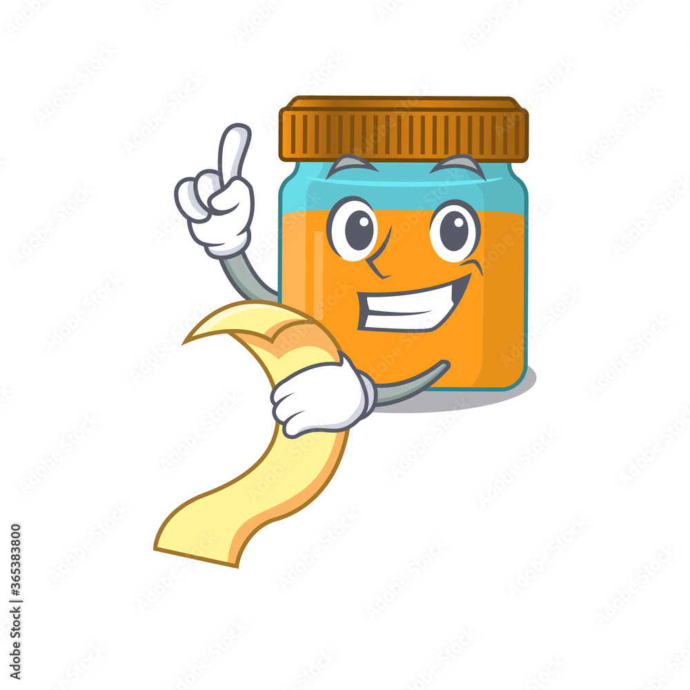 Honey jar mascot character style with a menu on his hand