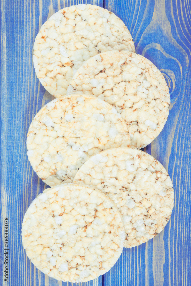 Crunchy rice or corn waffles with spices, healthy dietary breakfast concept Crunchy rice or corn waffles with spices, healthy dietary breakfast concept
