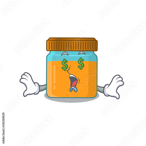 wealthy cartoon character concept of honey jar with money eyes