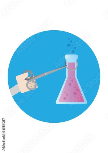 hand holding chemistry beaker with tongs