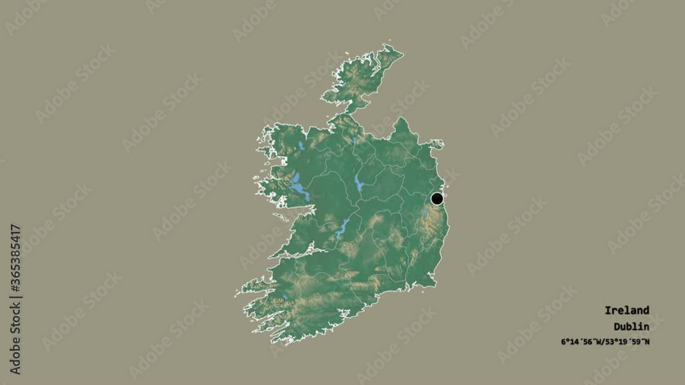 Offaly, county of Ireland, with its capital, localized, outlined and zoomed with informative overlays on a relief map in the Stereographic projection. Animation 3D Offaly, county of Ireland, with its capital, localized, outlined and zoomed with informative overlays on a relief map in the Stereographic projection. Animation 3D
