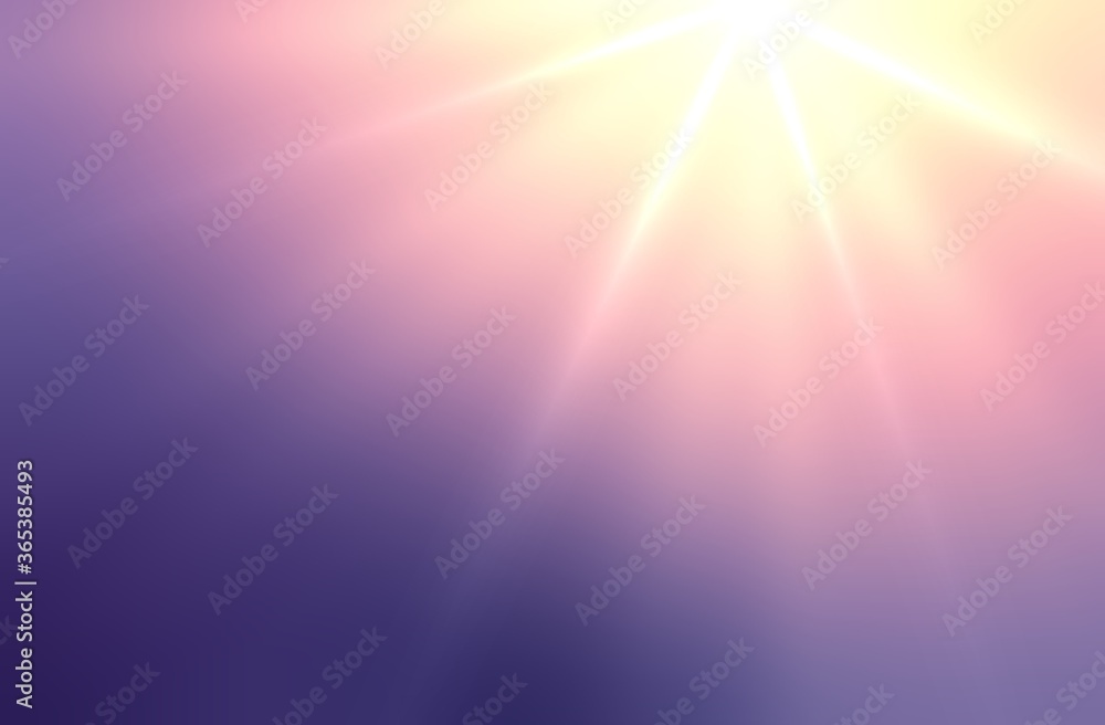 Beams top on lilac pink gradient background. Blurred bright sun shine pattern.