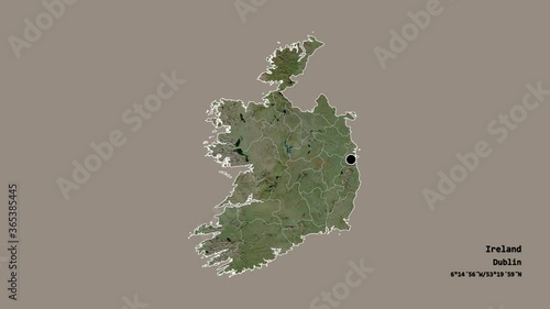 Offaly, county of Ireland, with its capital, localized, outlined and zoomed with informative overlays on a satellite map in the Stereographic projection. Animation 3D photo