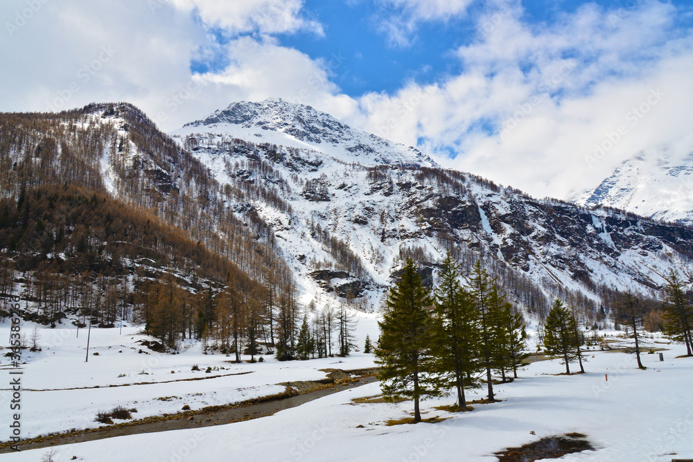 View of snow mountain along Bernina Express train View of snow mountain along Bernina Express train