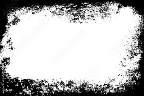 Dirty black shabby frame on white empty grunge background. Hard cement rough wall. Worn stone texture. 