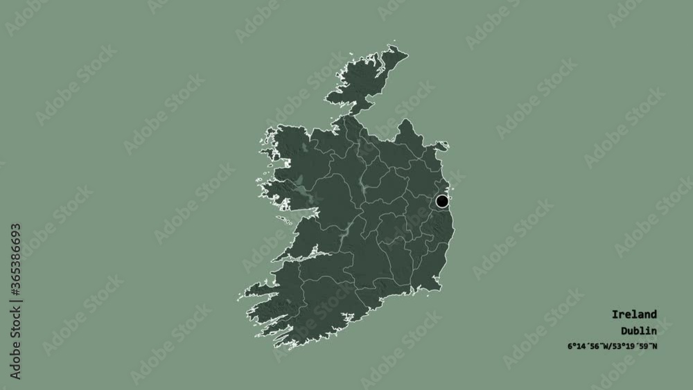 Wexford, county of Ireland, with its capital, localized, outlined and zoomed with informative overlays on a administrative map in the Stereographic projection. Animation 3D Wexford, county of Ireland, with its capital, localized, outlined and zoomed with informative overlays on a administrative map in the Stereographic projection. Animation 3D