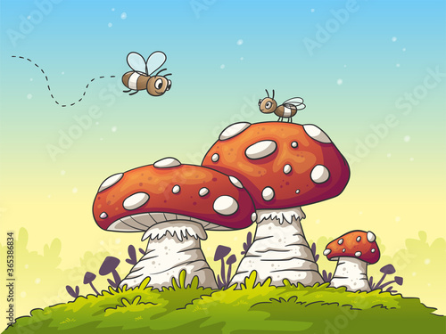 Two cartoon flies on mushrooms. Hand drawn vector illustration with separate layers.