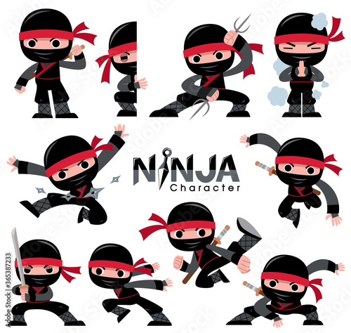 Vászonkép Vector illustration of Cartoon Ninja character set