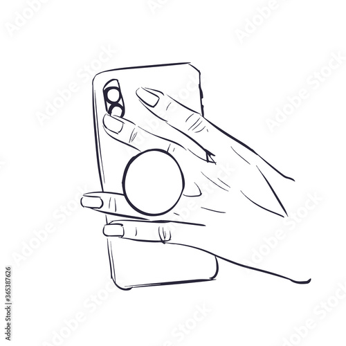 Accessory holder for smartphone. Suction Cup ring on phone between fingers. Mobile ring sketch holder for your Pop socket in the hands.