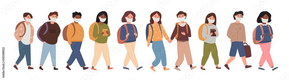 A group of kids walking together wearing face mask. Collection of children, pupils, students going to elementary middle school after pandemia. Kids going back to school isolated on white illustration A group of kids walking together wearing face mask. Collection of children, pupils, students going to elementary middle school after pandemia. Kids going back to school isolated on white illustration