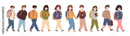 A group of kids walking together wearing face mask. Collection of children, pupils, students going to elementary middle school after pandemia. Kids going back to school isolated on white illustration