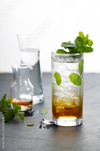 Glass of cold drink with fresh mint leaves