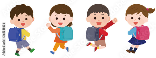 ランドセルをしょって嬉しそうな小学生低学年男女たち　私服　イラスト