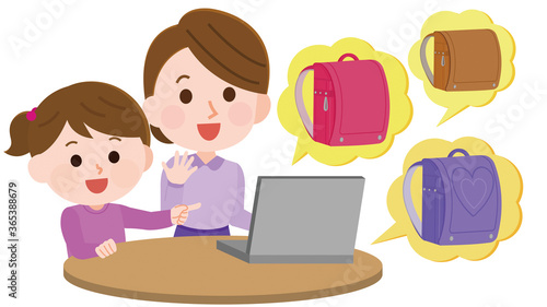 ネットでランドセルを選ぶ女の子と母親　イラスト