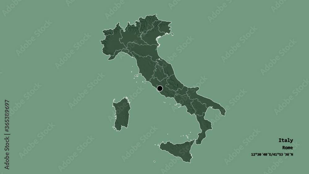 Lazio, region of Italy, with its capital, localized, outlined and zoomed with informative overlays on a administrative map in the Stereographic projection. Animation 3D Lazio, region of Italy, with its capital, localized, outlined and zoomed with informative overlays on a administrative map in the Stereographic projection. Animation 3D