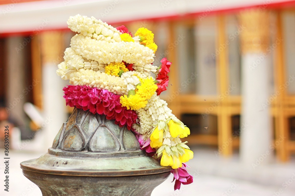 Beautiful garlands were placed for praying with Buddha