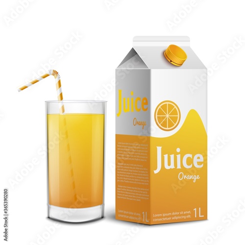 Realistic mockup of a package of orange juice and a glass with a straw.