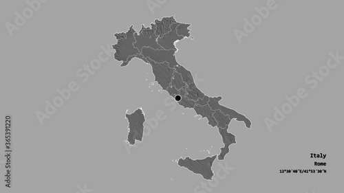 Molise, region of Italy, with its capital, localized, outlined and zoomed with informative overlays on a bilevel map in the Stereographic projection. Animation 3D photo