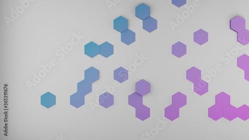 Blue and pink hexagon set on white floor (3D Rendering)