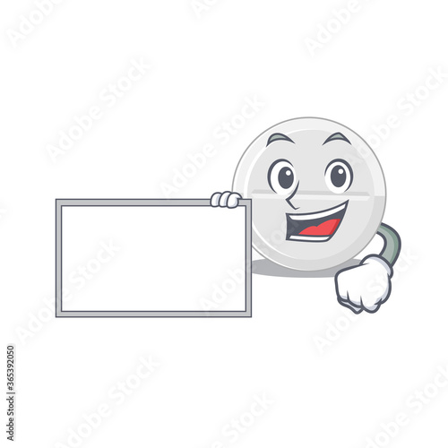 Cartoon character style of tablet drug holding a white board