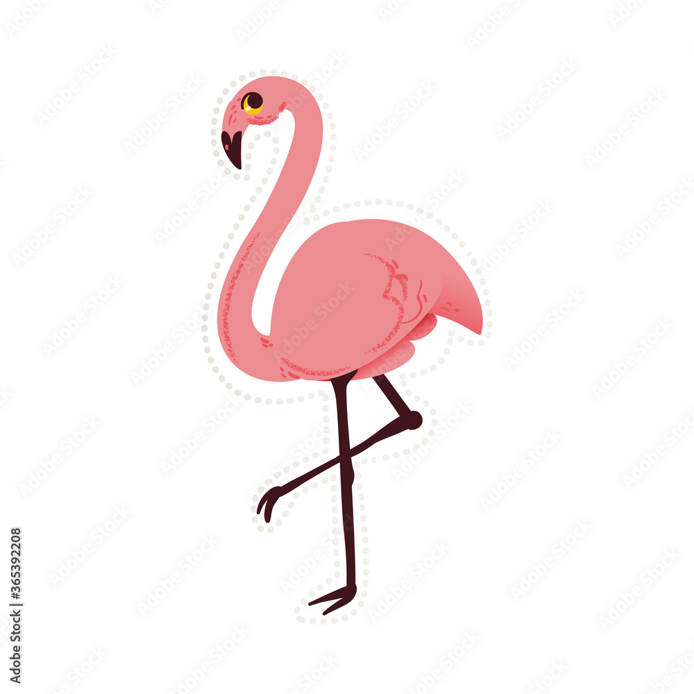 Fototapeta premium Sticker with beautiful exotic pink flamingo bird in cartoon style.