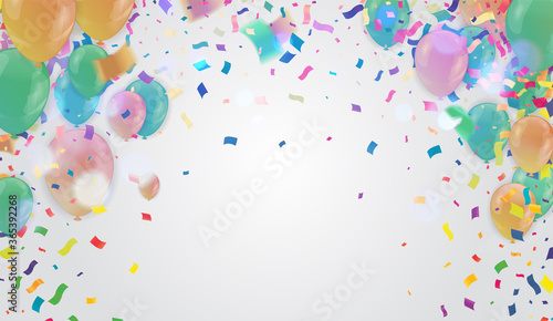 Birthday party background - colorful festive balloons, confetti, ribbons flying for celebrations card in isolated background with space for you