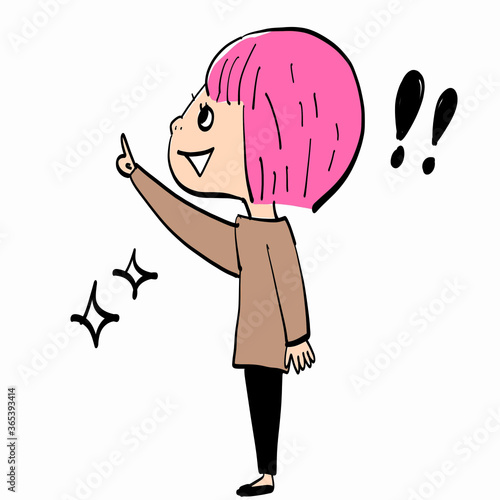 指差しをするピンクのボブヘア女性