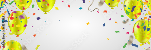 Abstract Garlands, confetti illustration. Holiday celebration realistic golden ribbons and balloons isolated