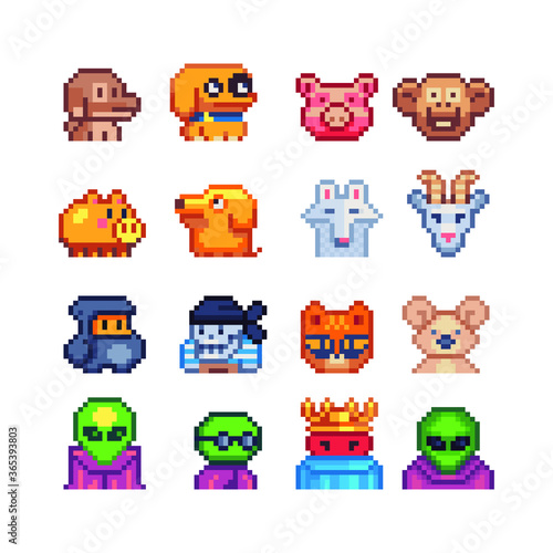 Animals head pixel art characters set, mosaic design, dog, monkey, cat, kuala, goat, pig, isolated vector  illustration. Design for stickers, logo, embroidery and app. Video game assets 8-bit. © thepolovinkin