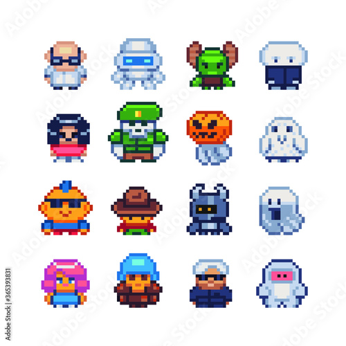 8-bit Abstract characters, funny creatures, pixel art icons set, Happy Halloween, element design for logo, app, web, sticker. Video game sprite. Isolated vector illustration. 