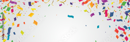 Cover with colored balloons, garlands and confetti on the white. celebration background template