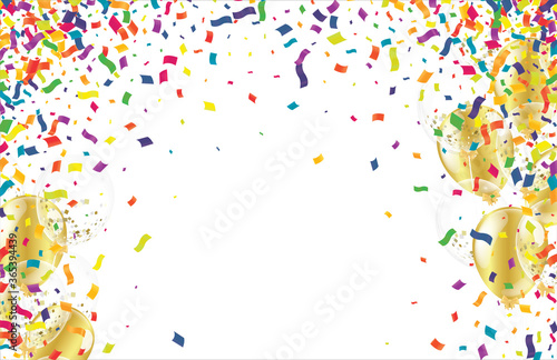Gold balloons, confetti, flag and party popper on white background. Vector illustration