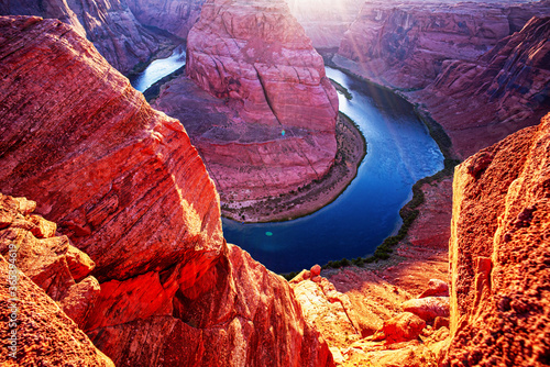 Beautiful view on Horseshoe place in Arizona. Panoramic Horeseshoe Bend. Glen Canyon on Arizona. Landscape at Horseshoe bend in Grand Canyon National Park.