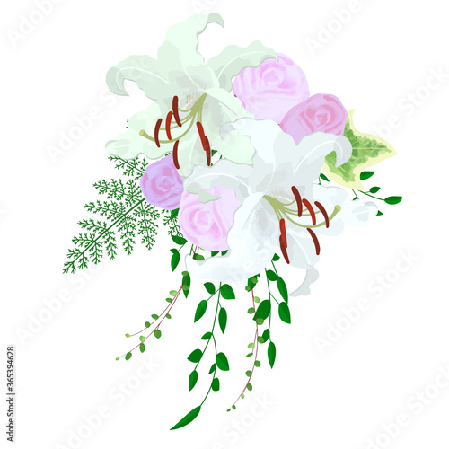 Illustration of Casablanca (lily) and rose wedding bouquet (boutonniere)