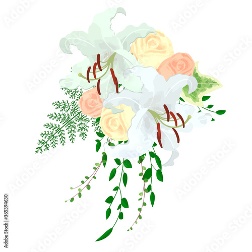 Illustration of Casablanca (lily) and rose wedding bouquet (boutonniere)