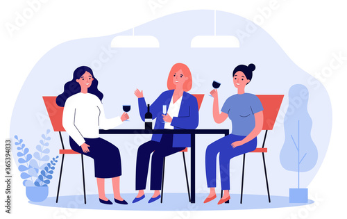 Happy female friends hanging out in cafe. Cheerful women sitting at table, talking, laughing, drinking wine. illustration for communication, friendship, friendly meeting concept
