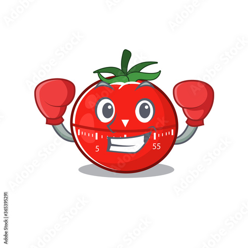 Tomato kitchen timer Caricature character design as a champion of boxing competition