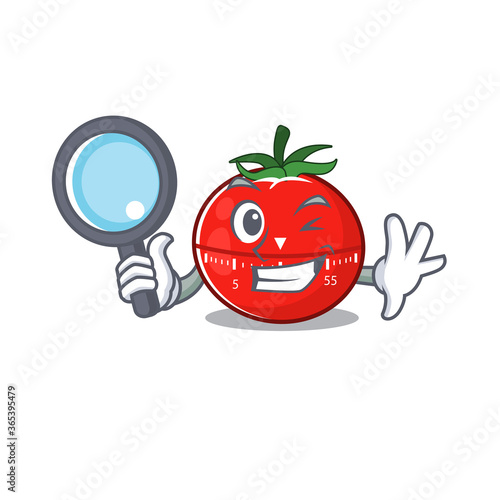 cartoon mascot design of tomato kitchen timer super Detective breaking the case using tools